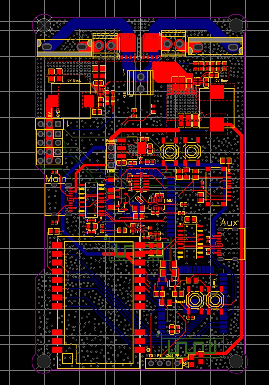 PCB layout with all layers shown: two ESP32 modules, sensors, buck converters, and connectors.