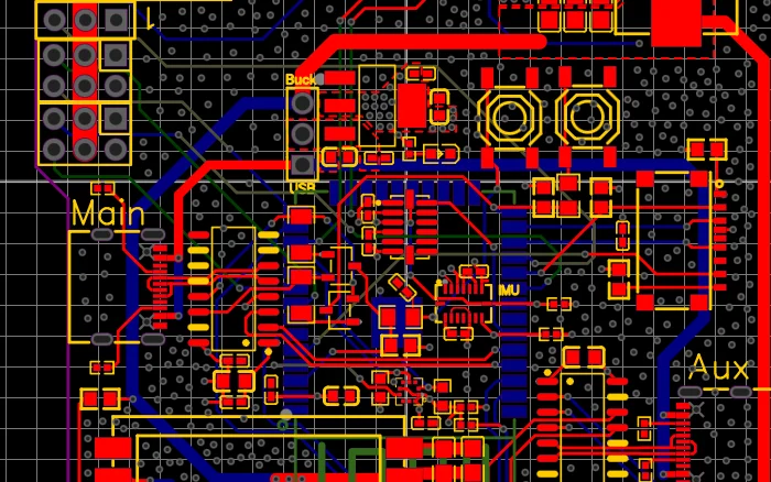 Close-up of the CanSat flight board layout around the IMU and USB connectors.