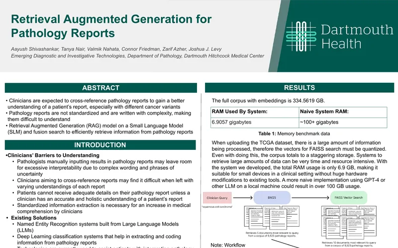 Top of the research poster: Retrieval Augmented Generation for Pathology Reports, Dartmouth Health.